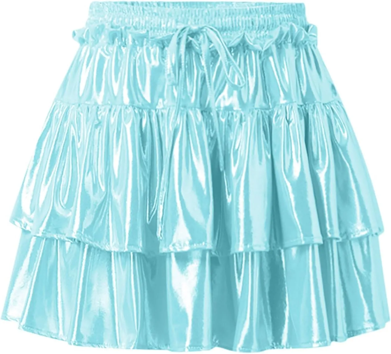 Womens Metallic Skirt Shiny Flared Pleated Skirt Layered Ruffle Hem Mini Skirt Christmas Rave Midi Skirts for Women 011