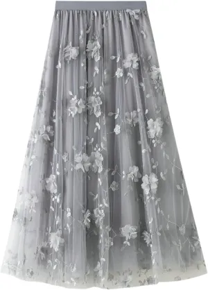 Women's Midi Tulle Skirt Elastic Waist Plus Size Mesh Formal Prom Party Tutu Skirt A Line Long Skirt