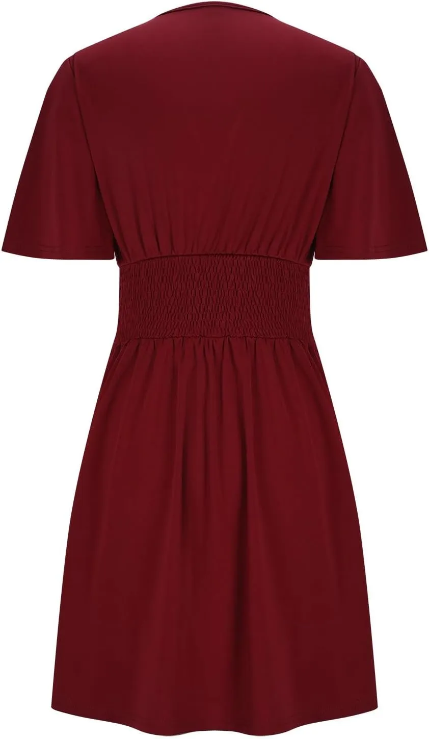 Womens Mini Dress Casual Elegant Ruffle Short Sleeve Party Dresses Sexy V Neck Ruched Waist Beach Flowy Sundress