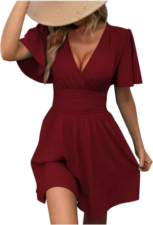 Womens Mini Dress Casual Elegant Ruffle Short Sleeve Party Dresses Sexy V Neck Ruched Waist Beach Flowy Sundress