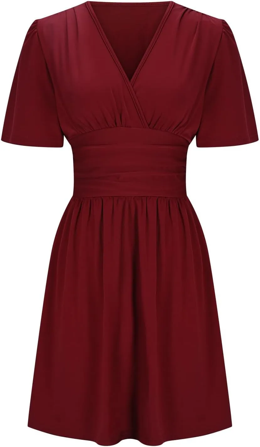 Womens Mini Dress Casual Elegant Ruffle Short Sleeve Party Dresses Sexy V Neck Ruched Waist Beach Flowy Sundress