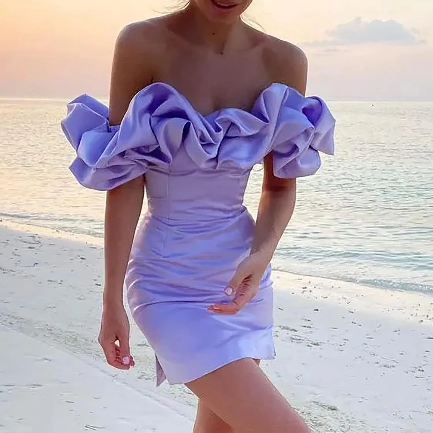 Womens Off Shoulder Strapless Mini Dress Ruffle Trim Ruched Sleeveless Bodycon Party Dressses Elegant Cocktail Dress