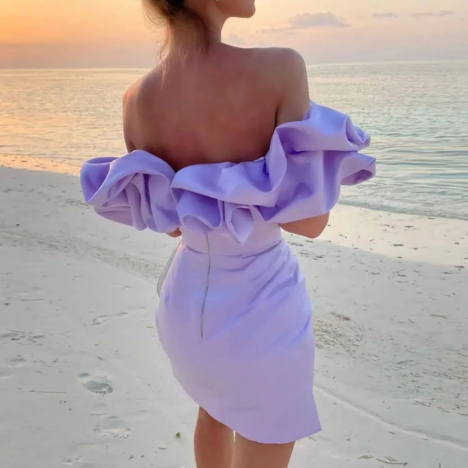 Womens Off Shoulder Strapless Mini Dress Ruffle Trim Ruched Sleeveless Bodycon Party Dressses Elegant Cocktail Dress
