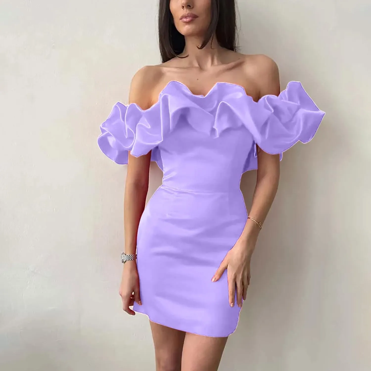 Womens Off Shoulder Strapless Mini Dress Ruffle Trim Ruched Sleeveless Bodycon Party Dressses Elegant Cocktail Dress