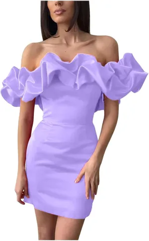 Womens Off Shoulder Strapless Mini Dress Ruffle Trim Ruched Sleeveless Bodycon Party Dressses Elegant Cocktail Dress
