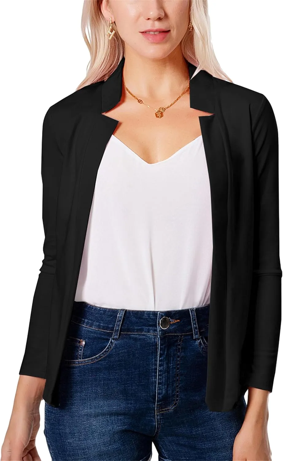 Women's Open Front Work Blazer Business Long Sleeve Jackets Solid Color Office Short Cardigans