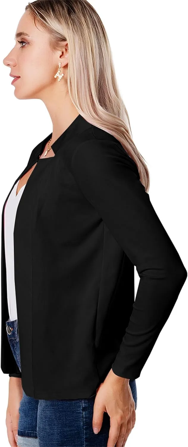 Women's Open Front Work Blazer Business Long Sleeve Jackets Solid Color Office Short Cardigans