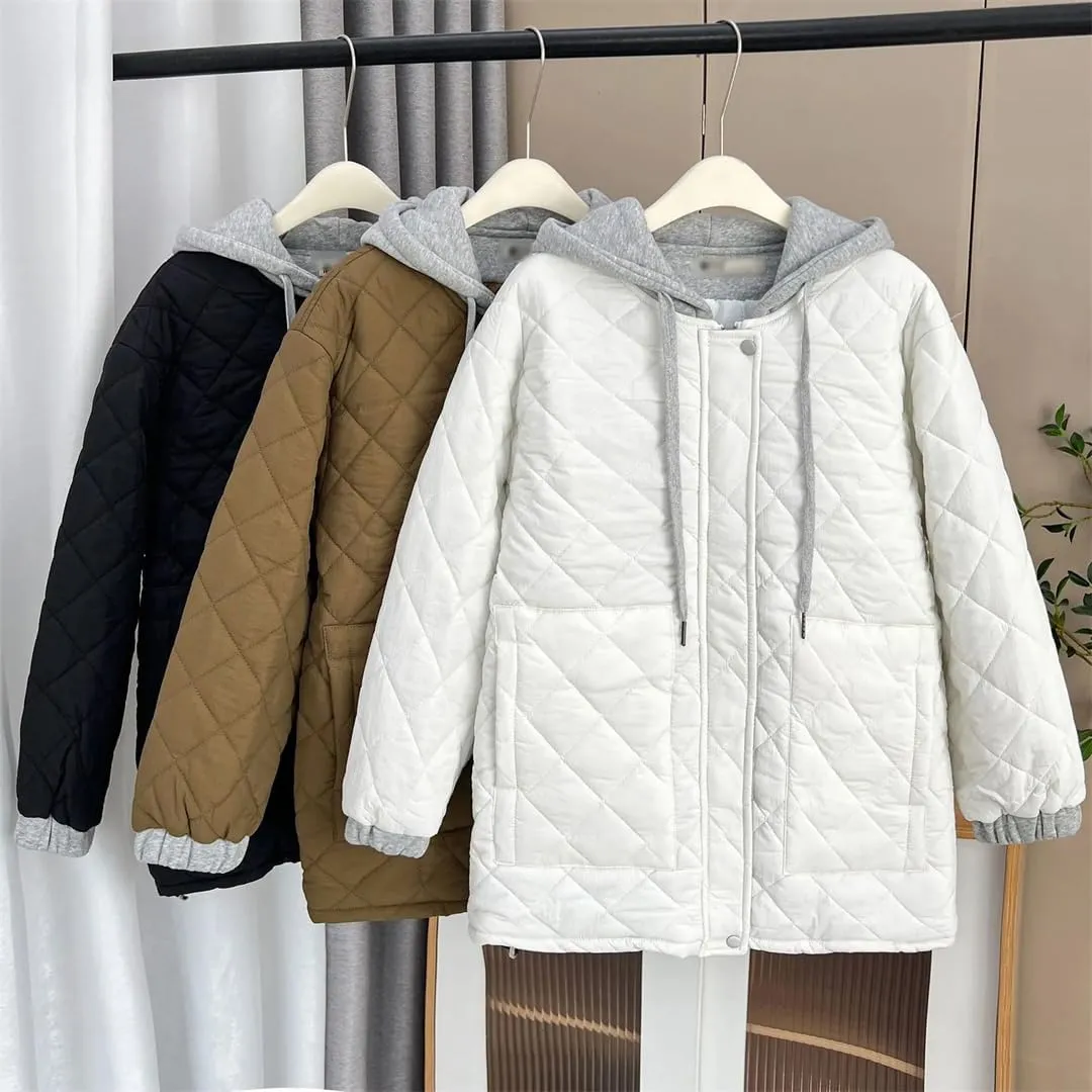 Women's Parka Winter Korean Style Hooded Argyle Zipper Cotton-Padded Coat
