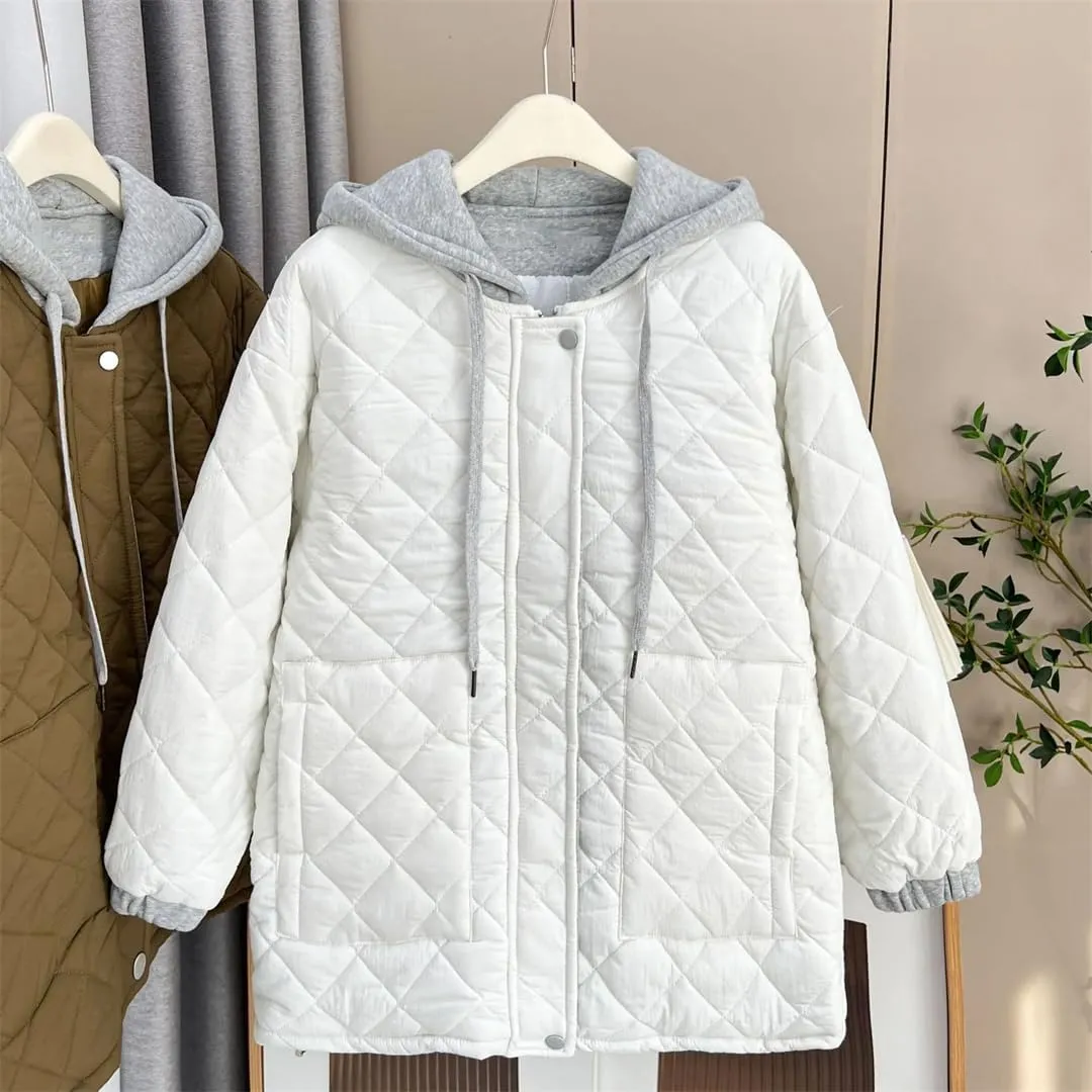 Women's Parka Winter Korean Style Hooded Argyle Zipper Cotton-Padded Coat