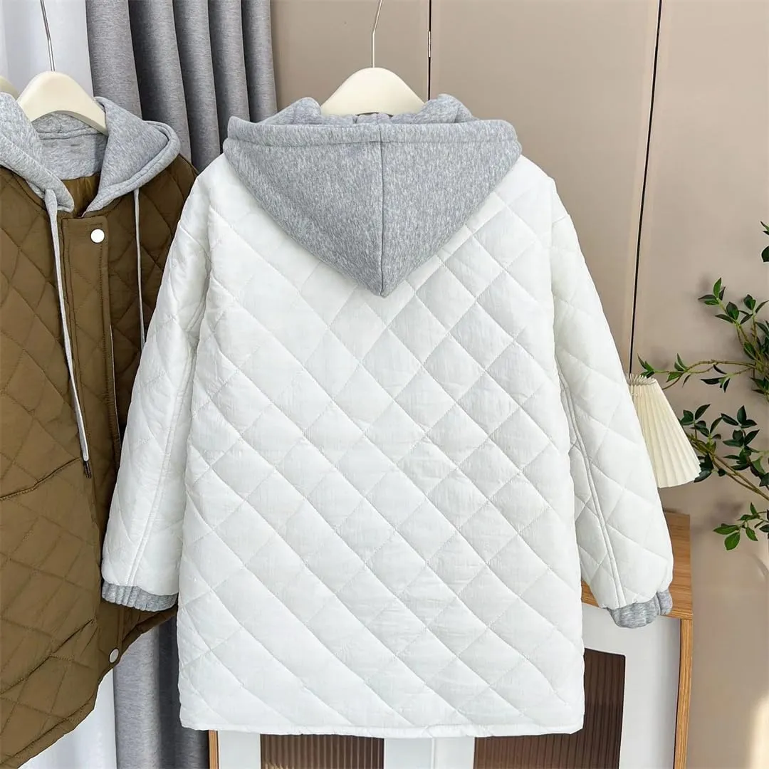 Women's Parka Winter Korean Style Hooded Argyle Zipper Cotton-Padded Coat