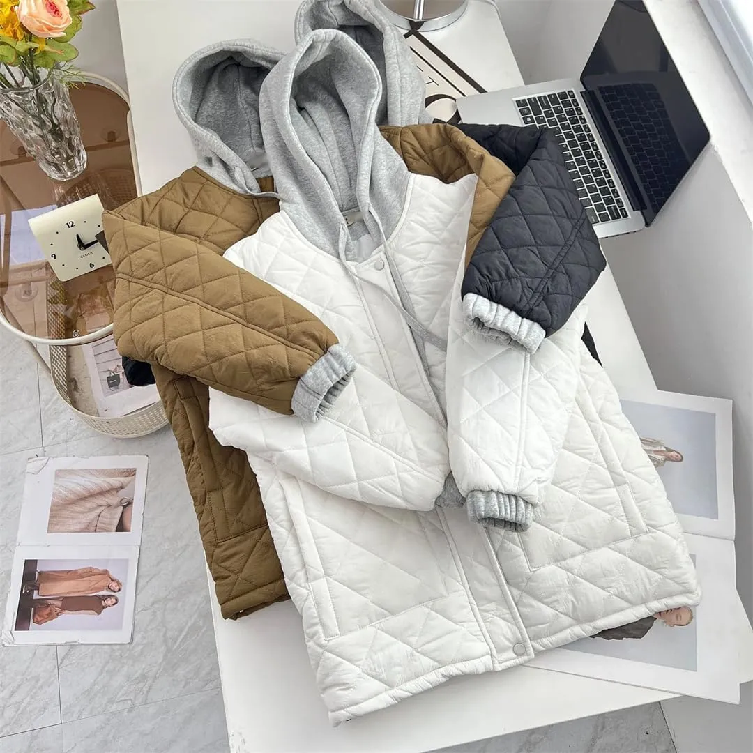 Women's Parka Winter Korean Style Hooded Argyle Zipper Cotton-Padded Coat
