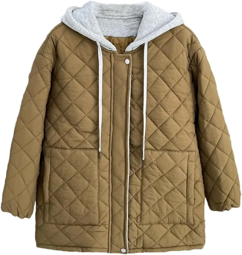 Women's Parka Winter Korean Style Hooded Argyle Zipper Cotton-Padded Coat