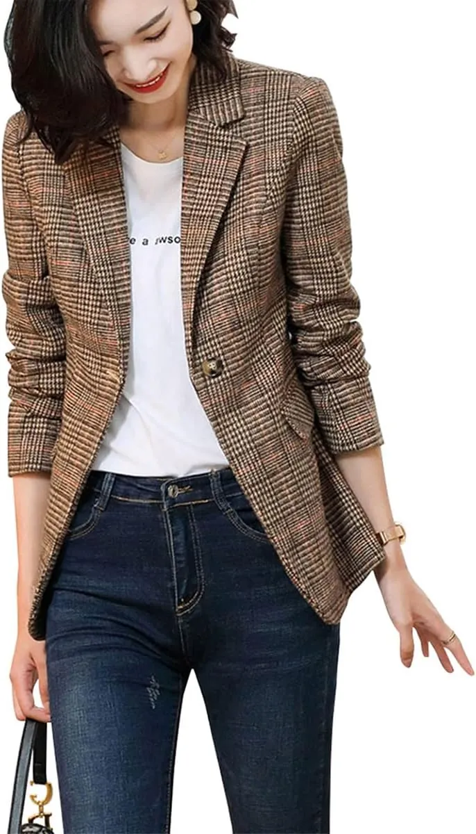 Womens Plaid Blazer Classic Notch Lapel Button Long Sleeve Slim Checker Jacket Outwear