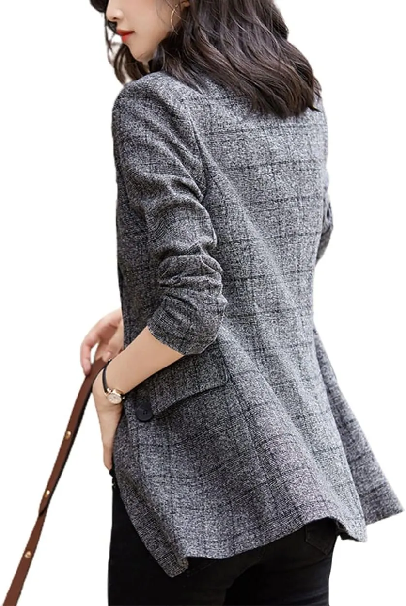 Womens Plaid Blazer Classic Notch Lapel Button Long Sleeve Slim Checker Jacket Outwear