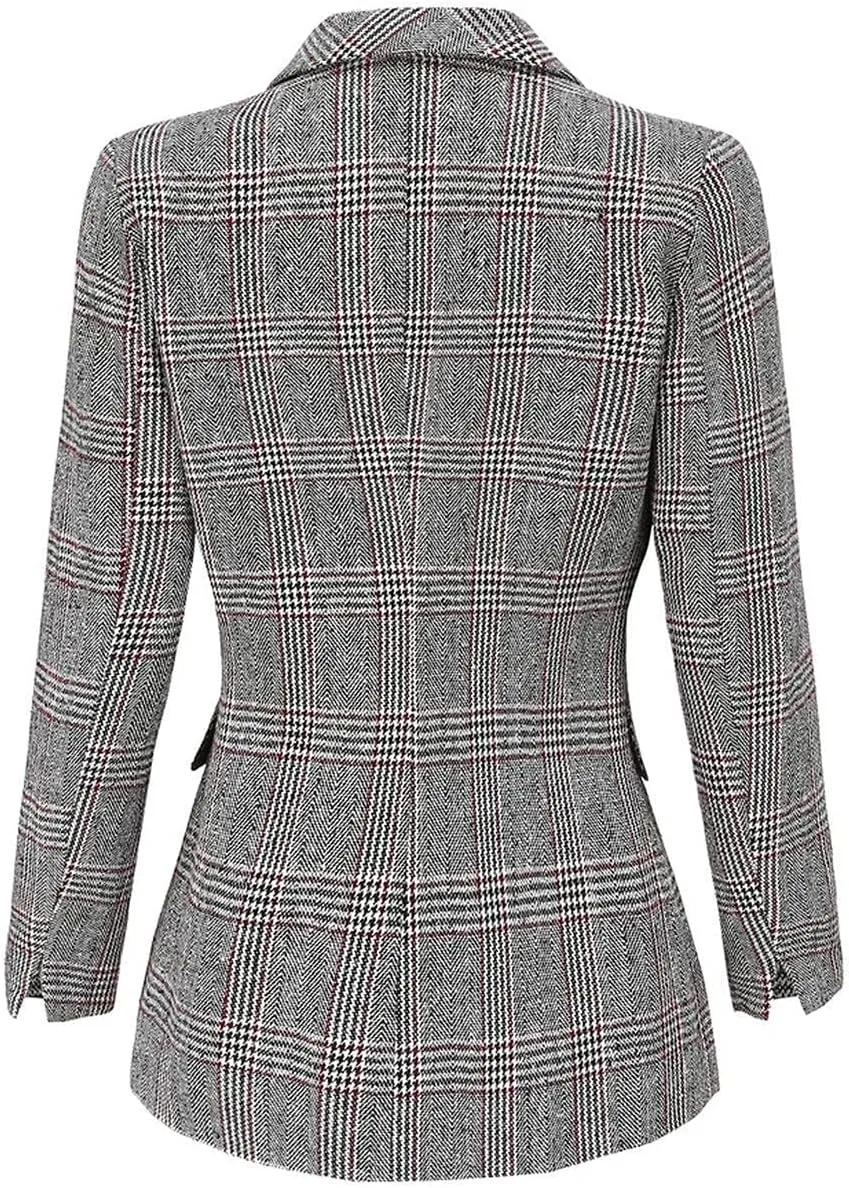 Womens Plaid Blazer Classic Notch Lapel Button Long Sleeve Slim Checker Jacket Outwear