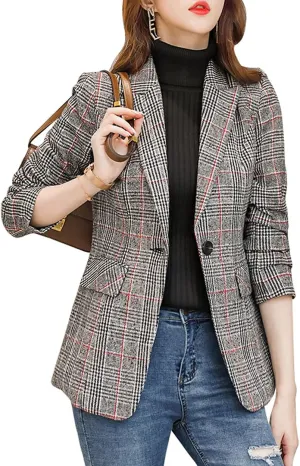 Womens Plaid Blazer Classic Notch Lapel Button Long Sleeve Slim Checker Jacket Outwear