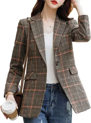 Womens Plaid Blazer Classic Notch Lapel Button Long Sleeve Slim Checker Jacket Outwear