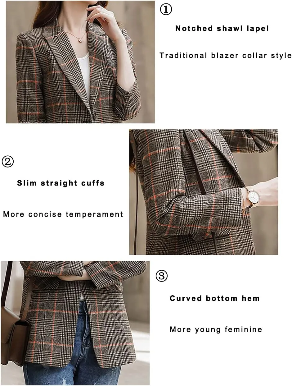 Womens Plaid Blazer Classic Notch Lapel Button Long Sleeve Slim Checker Jacket Outwear