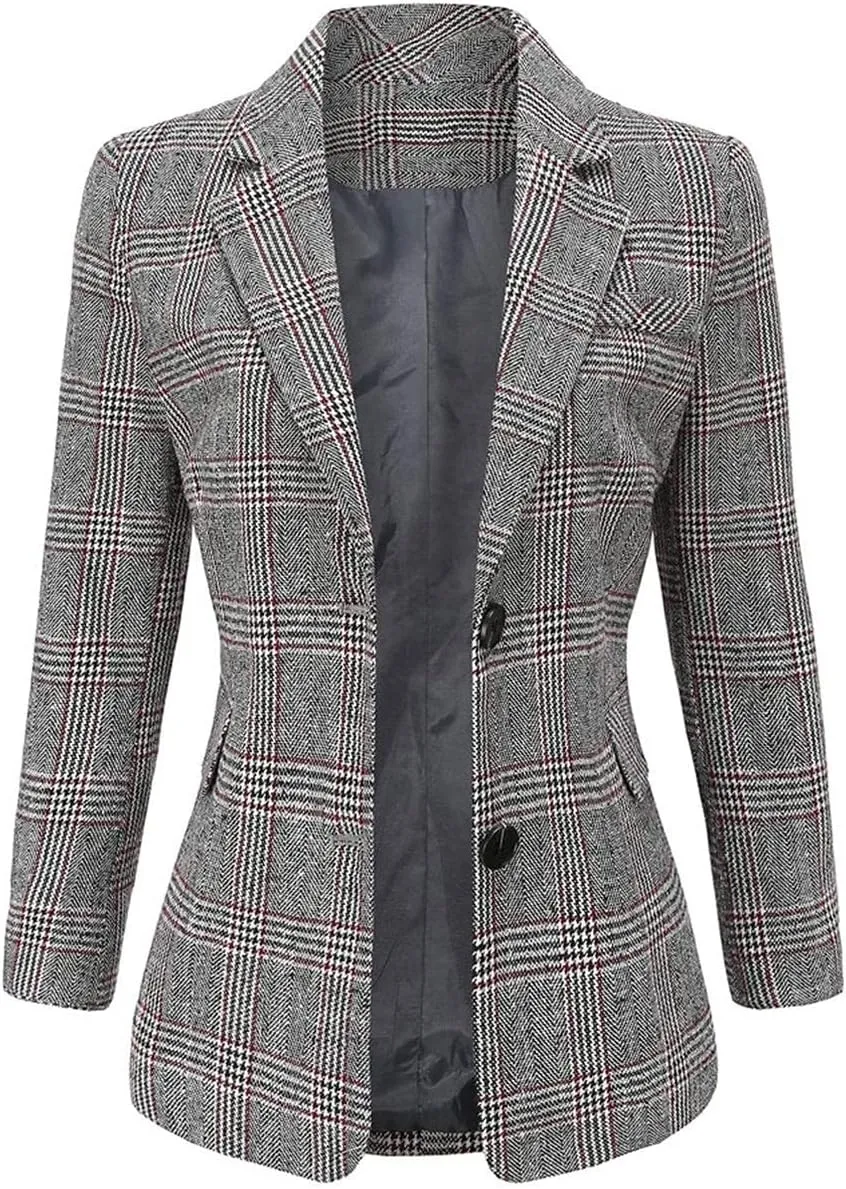Womens Plaid Blazer Classic Notch Lapel Button Long Sleeve Slim Checker Jacket Outwear