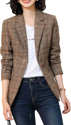 Womens Plaid Blazer Classic Notch Lapel Button Long Sleeve Slim Checker Jacket Outwear