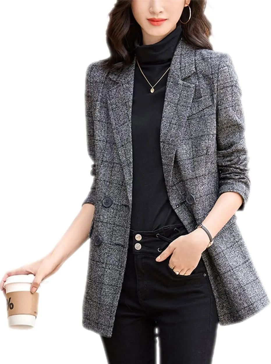 Womens Plaid Blazer Classic Notch Lapel Button Long Sleeve Slim Checker Jacket Outwear