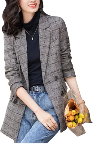 Womens Plaid Blazer Classic Notch Lapel Button Long Sleeve Slim Checker Jacket Outwear