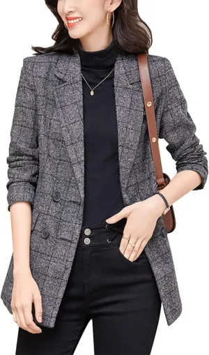 Womens Plaid Blazer Classic Notch Lapel Button Long Sleeve Slim Checker Jacket Outwear