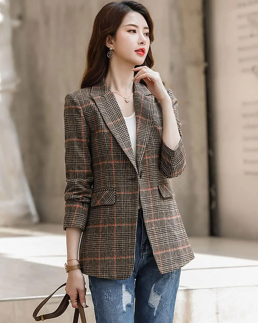 Womens Plaid Blazer Classic Notch Lapel Button Long Sleeve Slim Checker Jacket Outwear