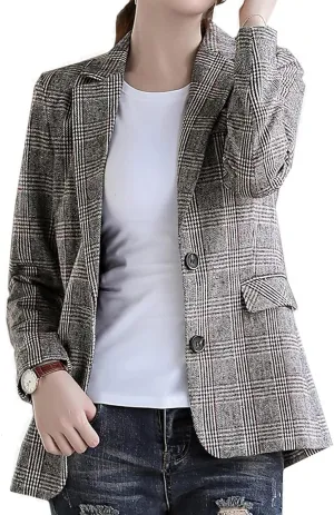 Womens Plaid Blazer Classic Notch Lapel Button Long Sleeve Slim Checker Jacket Outwear