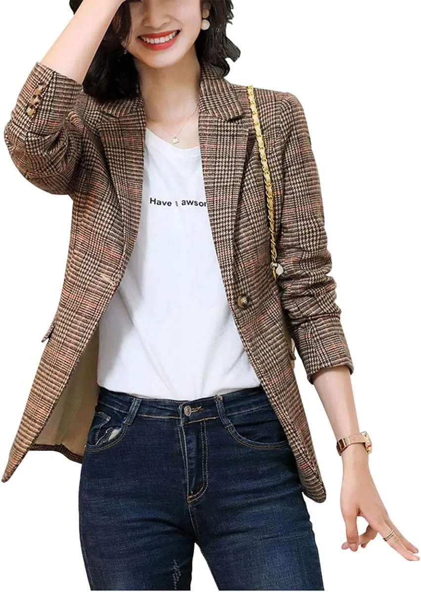 Womens Plaid Blazer Classic Notch Lapel Button Long Sleeve Slim Checker Jacket Outwear