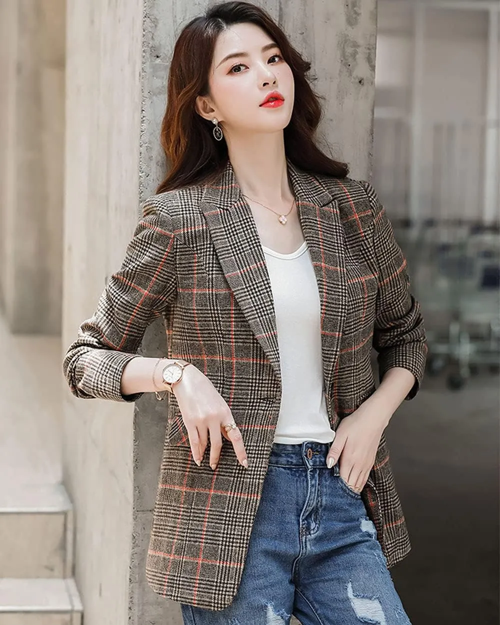 Womens Plaid Blazer Classic Notch Lapel Button Long Sleeve Slim Checker Jacket Outwear