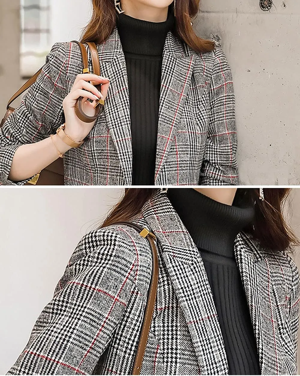 Womens Plaid Blazer Classic Notch Lapel Button Long Sleeve Slim Checker Jacket Outwear