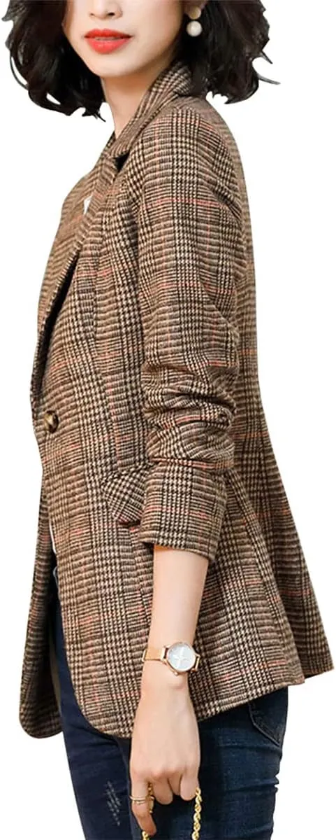 Womens Plaid Blazer Classic Notch Lapel Button Long Sleeve Slim Checker Jacket Outwear