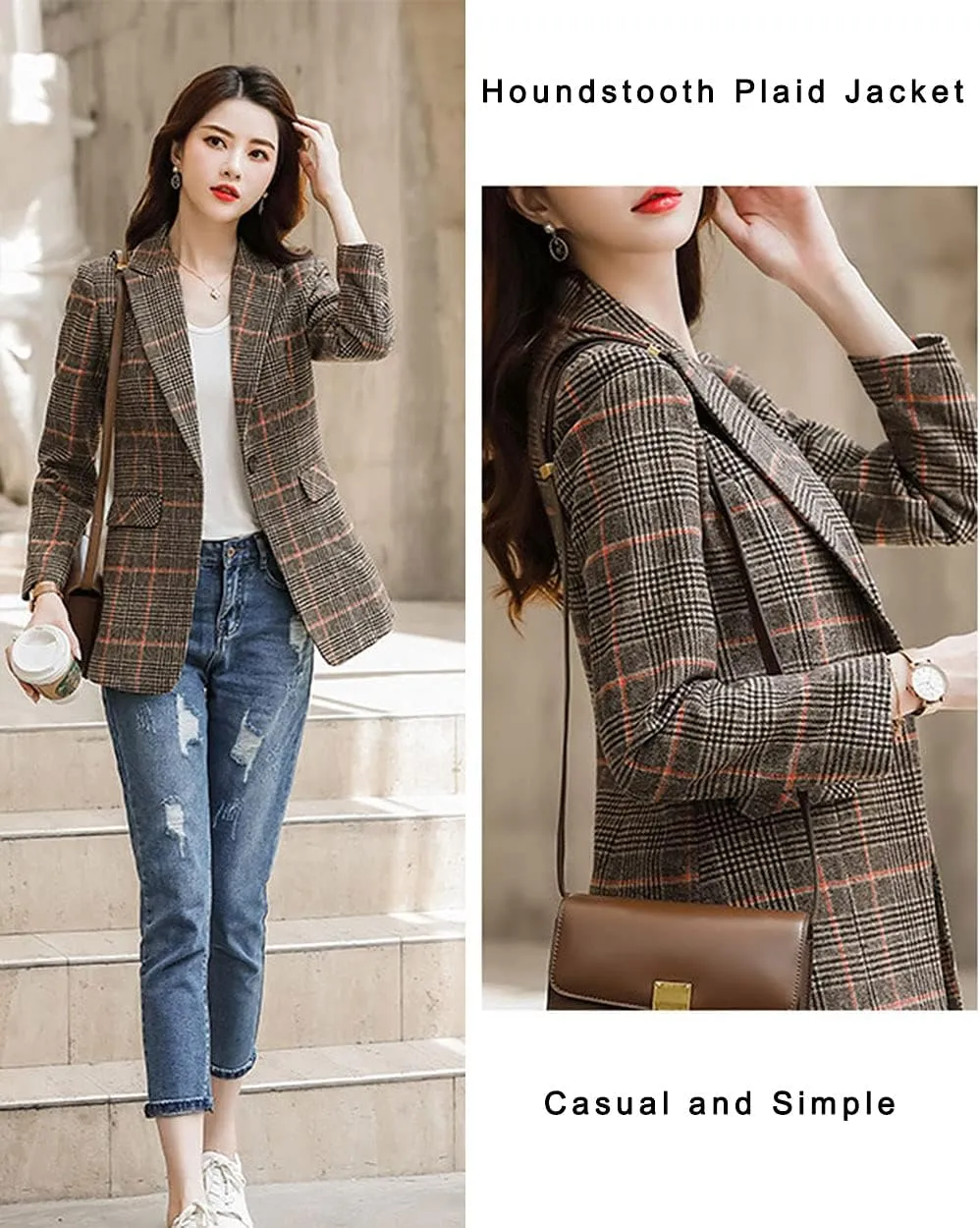 Womens Plaid Blazer Classic Notch Lapel Button Long Sleeve Slim Checker Jacket Outwear