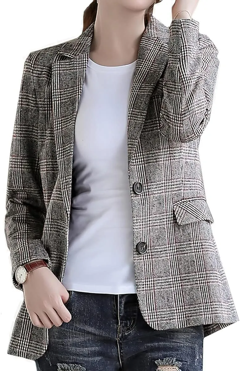Womens Plaid Blazer Classic Notch Lapel Button Long Sleeve Slim Checker Jacket Outwear