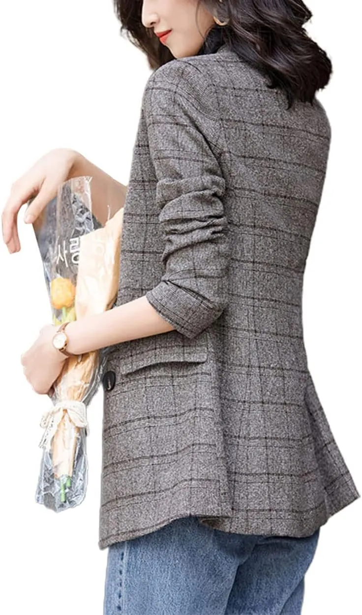 Womens Plaid Blazer Classic Notch Lapel Button Long Sleeve Slim Checker Jacket Outwear
