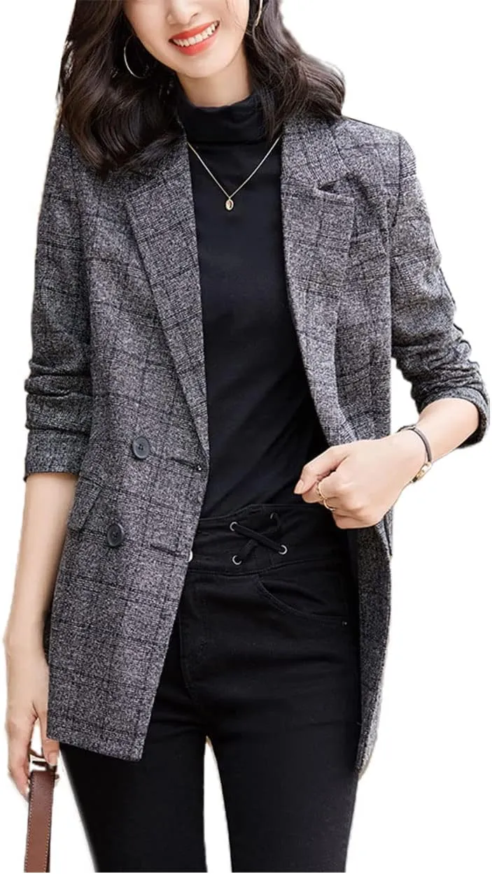Womens Plaid Blazer Classic Notch Lapel Button Long Sleeve Slim Checker Jacket Outwear