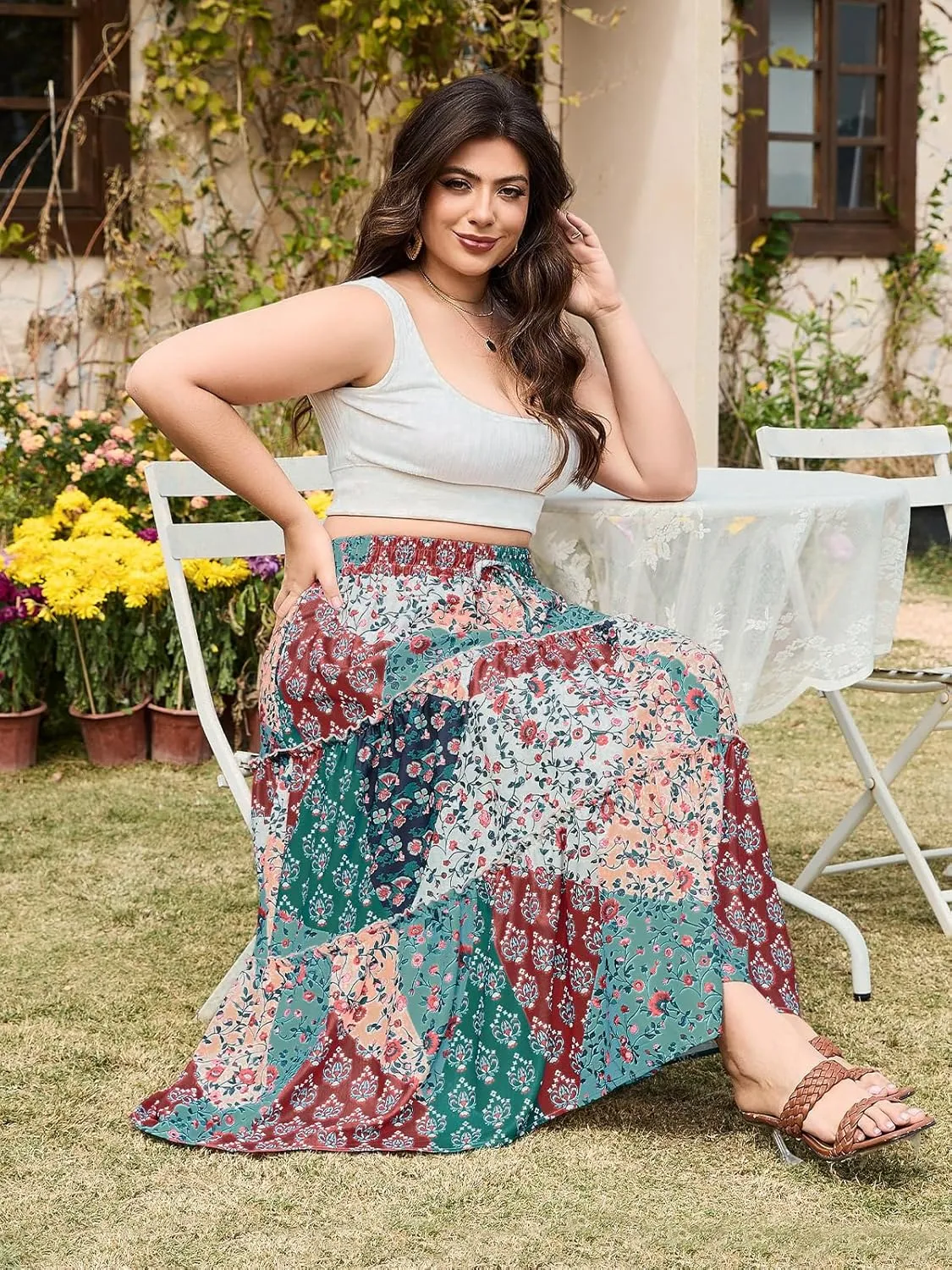 Womens Plus Size Boho Maxi Skirt Floral Tiered Long Flowy Maxi Skirt with Pockets High Waisted Summer Beach Skirt
