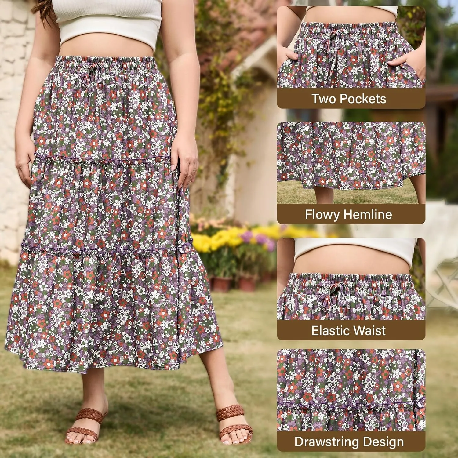 Womens Plus Size Boho Maxi Skirt Floral Tiered Long Flowy Maxi Skirt with Pockets High Waisted Summer Beach Skirt