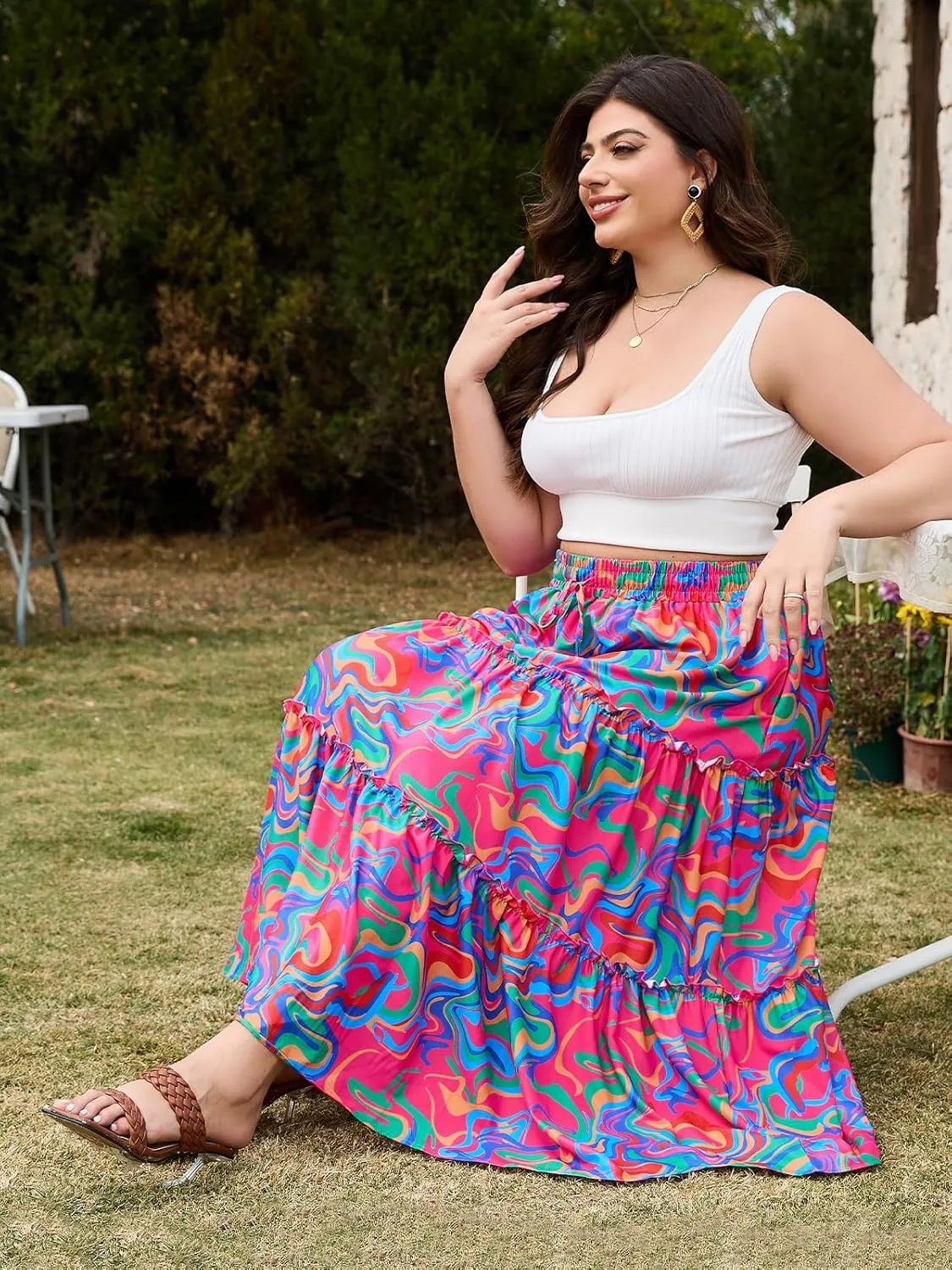 Womens Plus Size Boho Maxi Skirt Floral Tiered Long Flowy Maxi Skirt with Pockets High Waisted Summer Beach Skirt