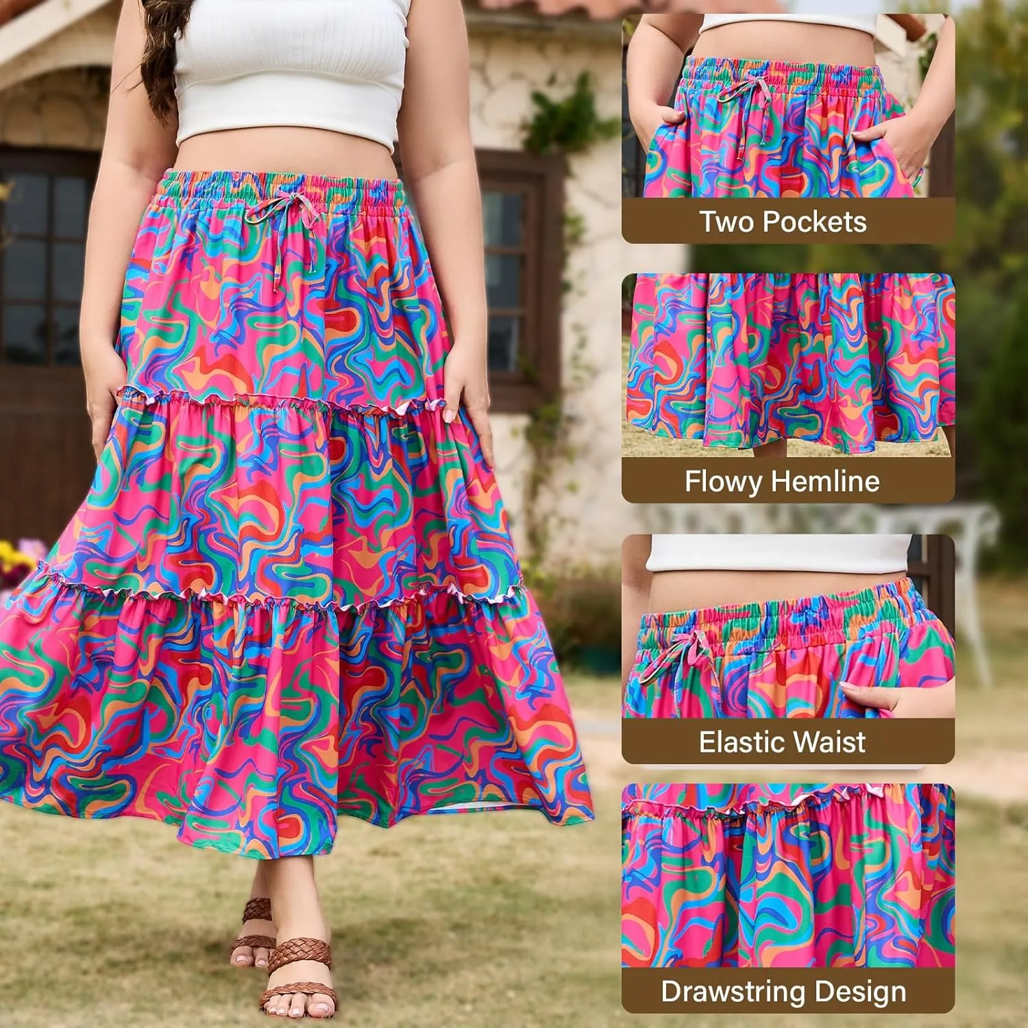 Womens Plus Size Boho Maxi Skirt Floral Tiered Long Flowy Maxi Skirt with Pockets High Waisted Summer Beach Skirt