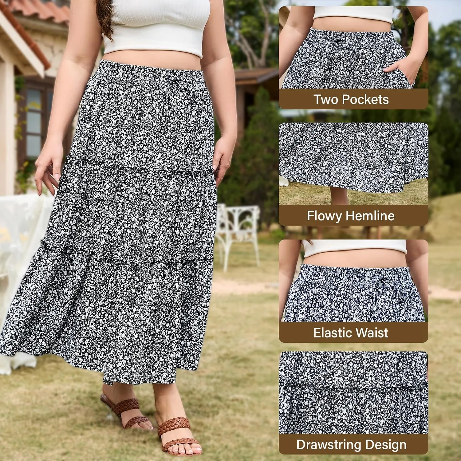 Womens Plus Size Boho Maxi Skirt Floral Tiered Long Flowy Maxi Skirt with Pockets High Waisted Summer Beach Skirt