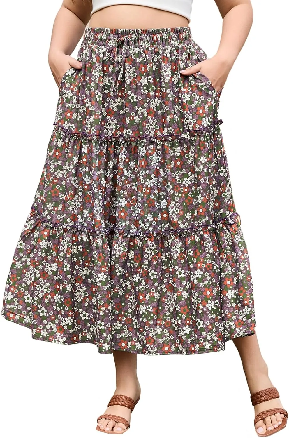 Womens Plus Size Boho Maxi Skirt Floral Tiered Long Flowy Maxi Skirt with Pockets High Waisted Summer Beach Skirt