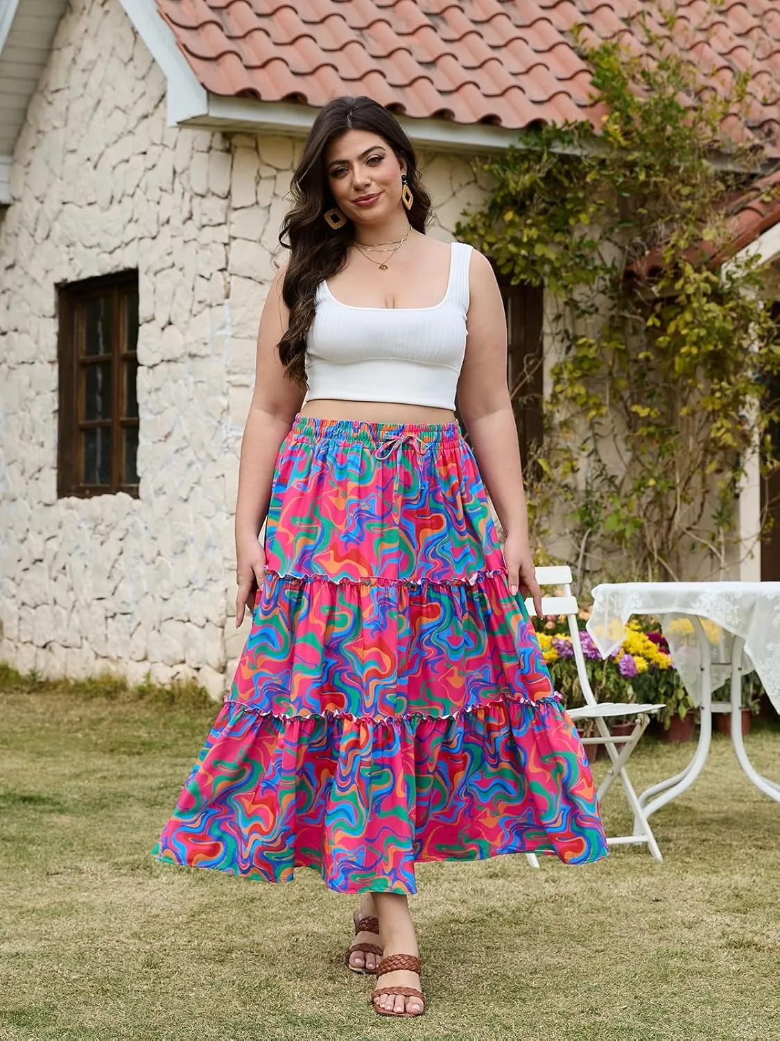 Womens Plus Size Boho Maxi Skirt Floral Tiered Long Flowy Maxi Skirt with Pockets High Waisted Summer Beach Skirt