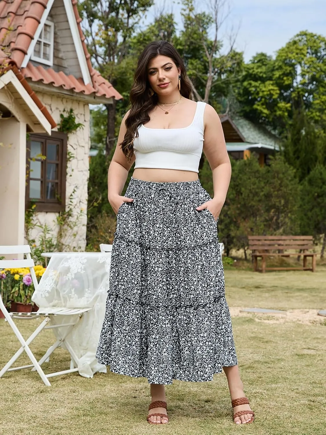 Womens Plus Size Boho Maxi Skirt Floral Tiered Long Flowy Maxi Skirt with Pockets High Waisted Summer Beach Skirt
