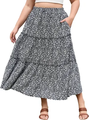 Womens Plus Size Boho Maxi Skirt Floral Tiered Long Flowy Maxi Skirt with Pockets High Waisted Summer Beach Skirt