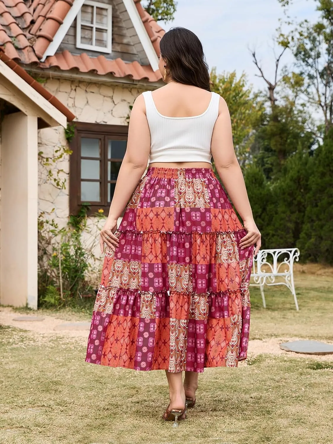 Womens Plus Size Boho Maxi Skirt Floral Tiered Long Flowy Maxi Skirt with Pockets High Waisted Summer Beach Skirt