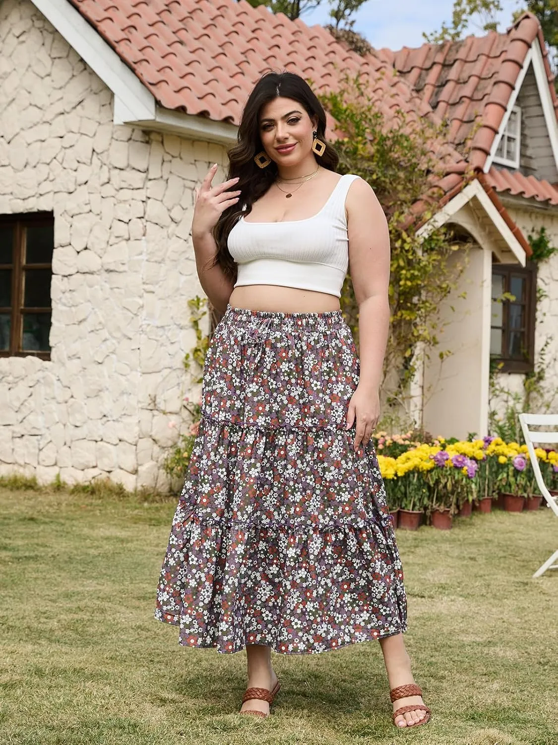 Womens Plus Size Boho Maxi Skirt Floral Tiered Long Flowy Maxi Skirt with Pockets High Waisted Summer Beach Skirt