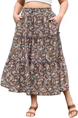 Womens Plus Size Boho Maxi Skirt Floral Tiered Long Flowy Maxi Skirt with Pockets High Waisted Summer Beach Skirt