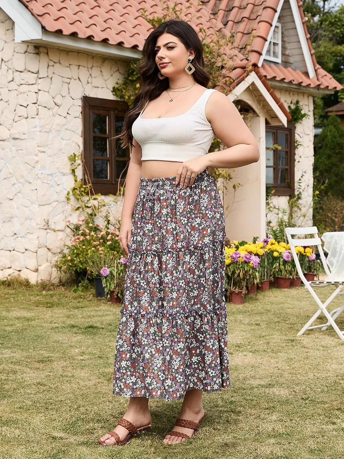 Womens Plus Size Boho Maxi Skirt Floral Tiered Long Flowy Maxi Skirt with Pockets High Waisted Summer Beach Skirt